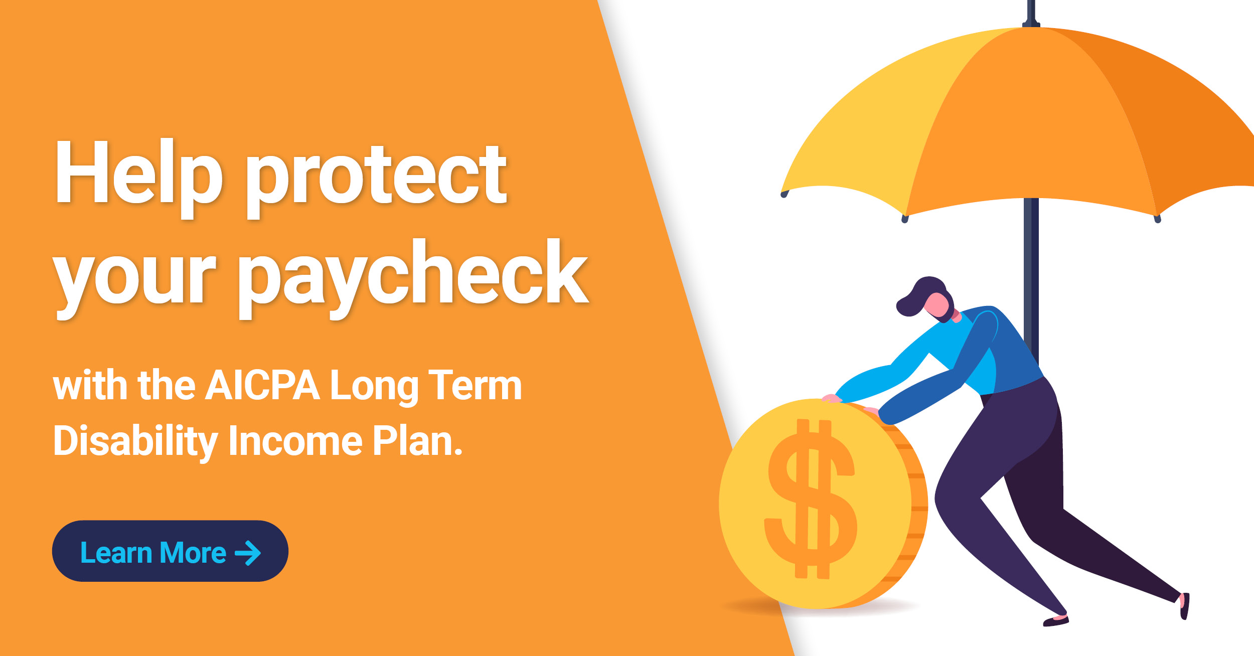 graphic illustration of man pushing oversized coin in front of oversized umbrella